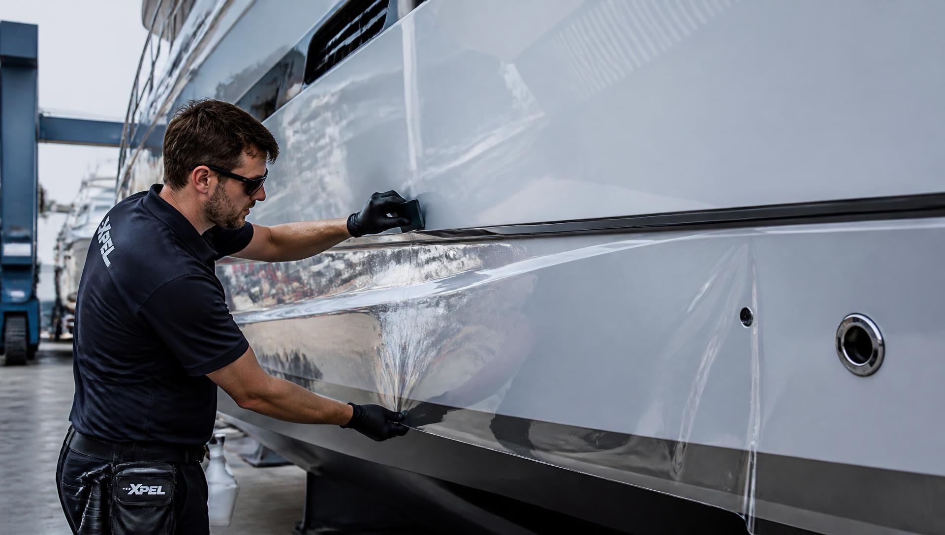 Global Yacht Detailing technician with marine protection products dockside